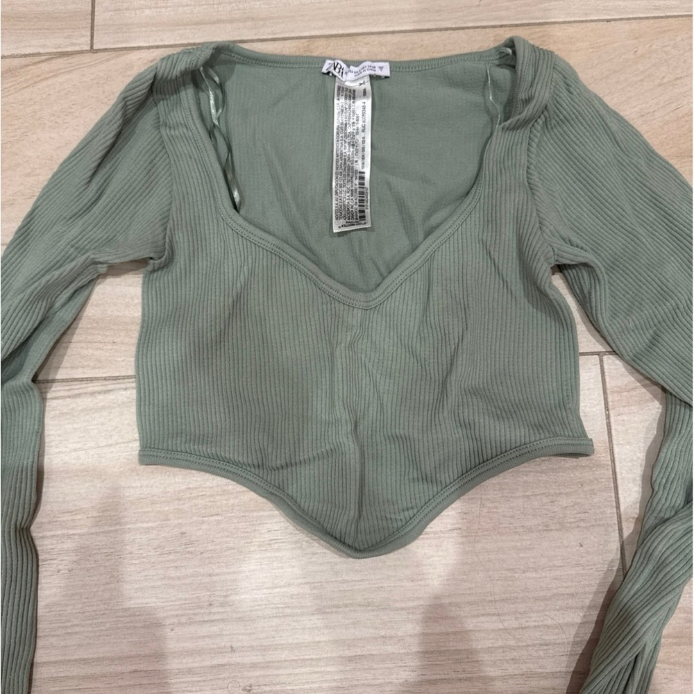 Zara Ribbed Green Long Sleeve Crop Top